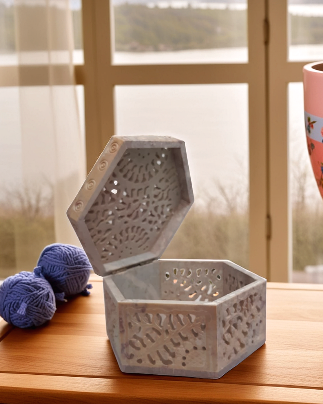 Hand Carved Marble Jewelry Box with Hexa...