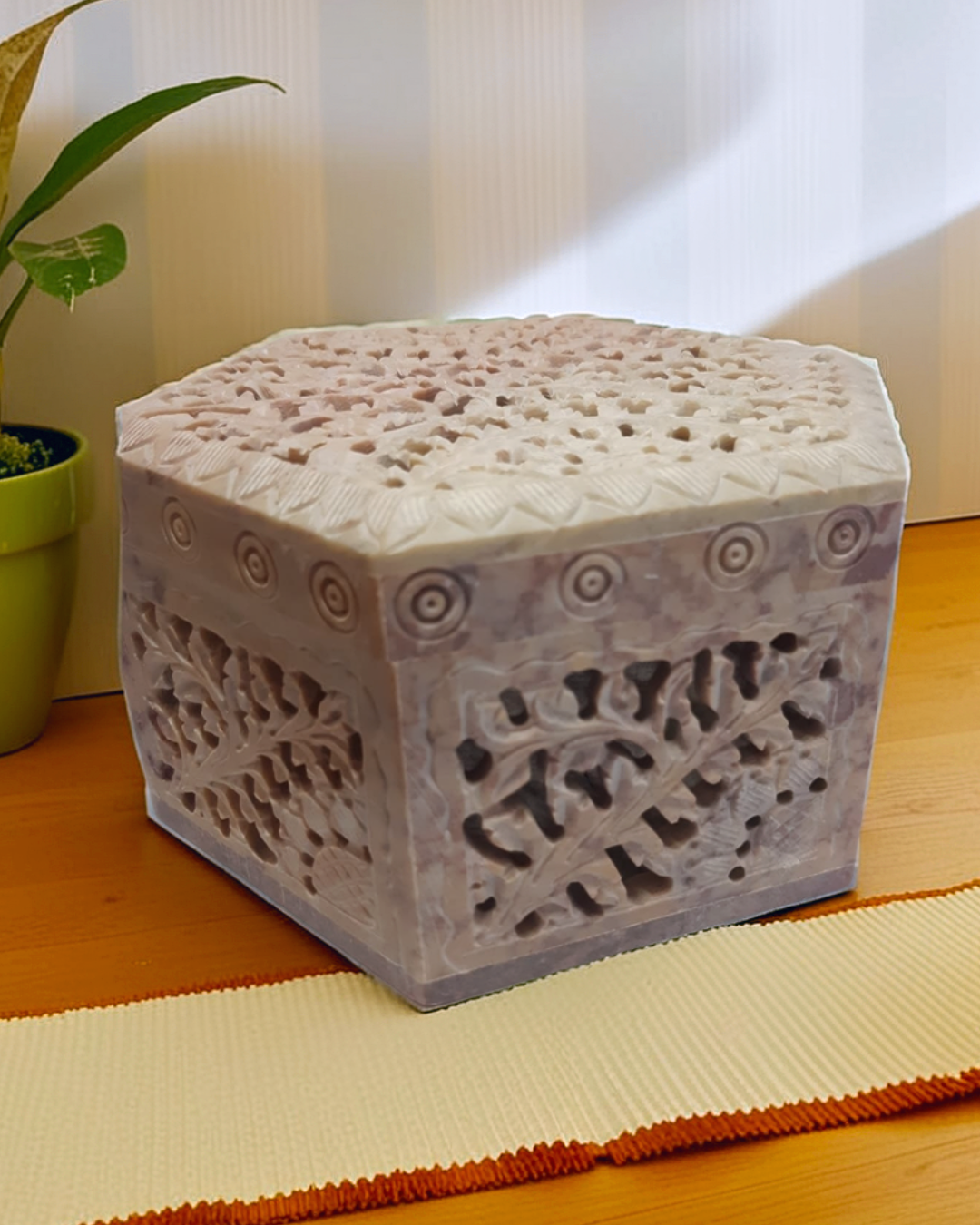 Hand Carved Marble Jewelry Box with Hexagonal Design