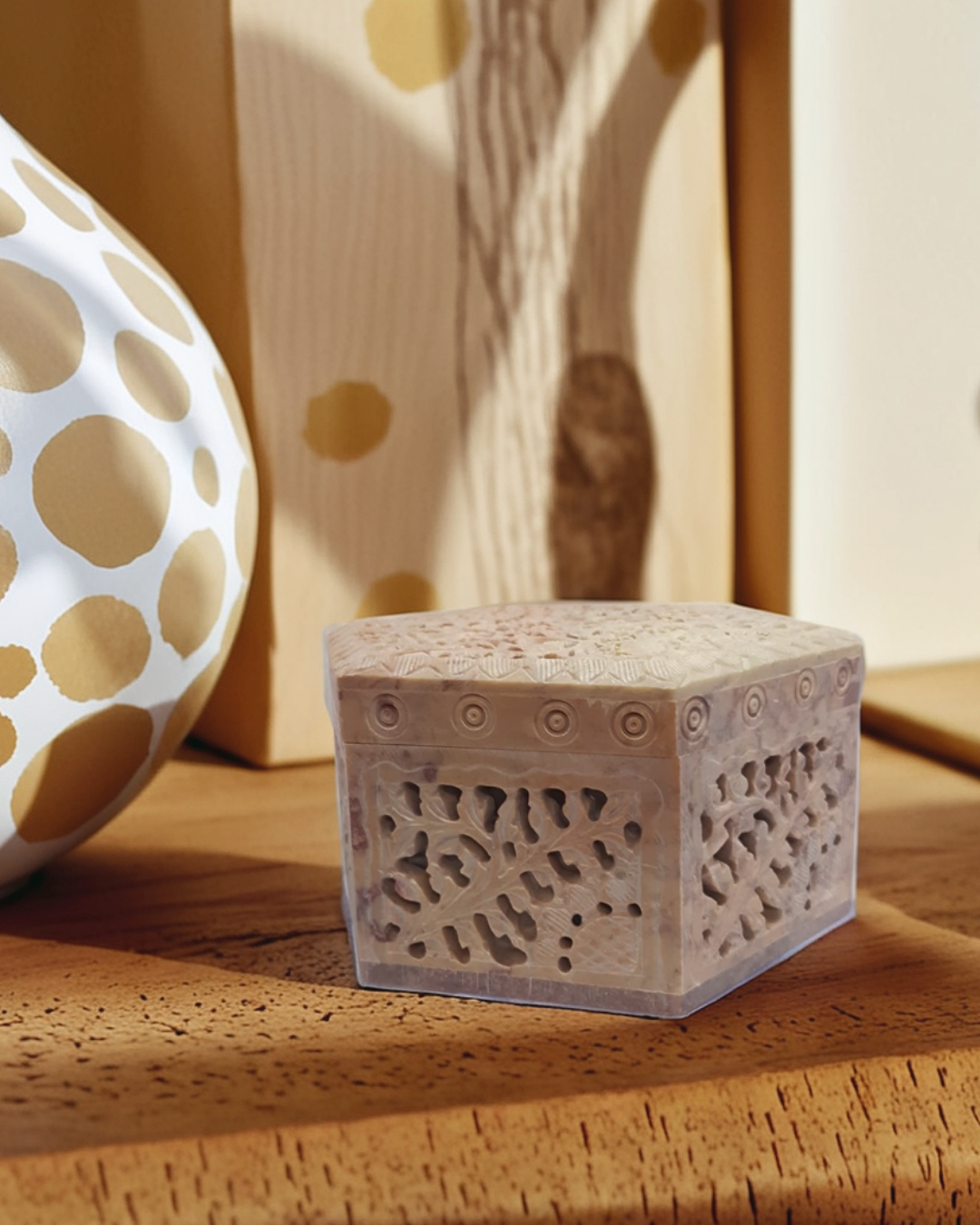 Hand Carved Marble Jewelry Box with Hexagonal Design