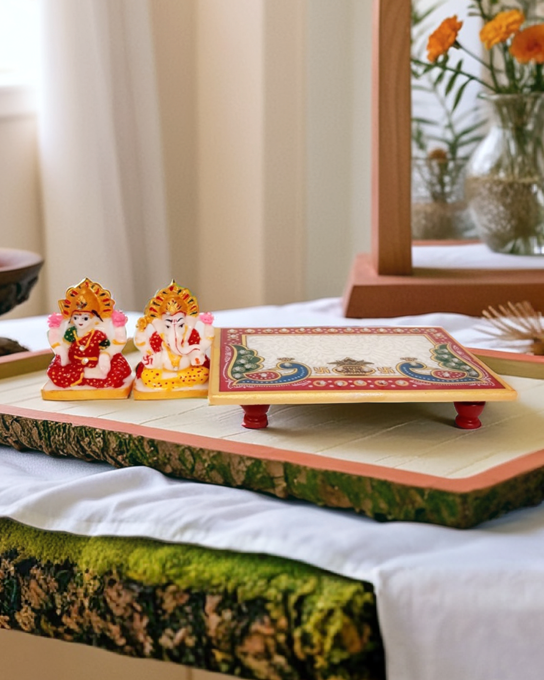 Lakshmi Ganesh Idol on Marble Chowki for Home Temple Decor