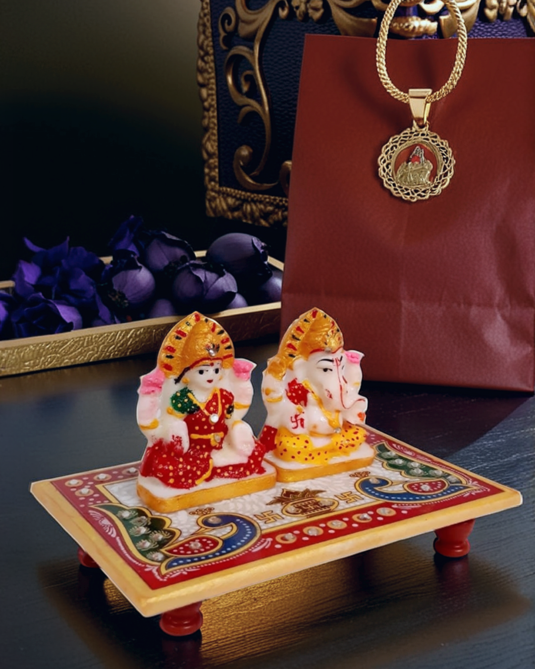 Lakshmi Ganesh Idol on Marble Chowki for Home Temple Decor