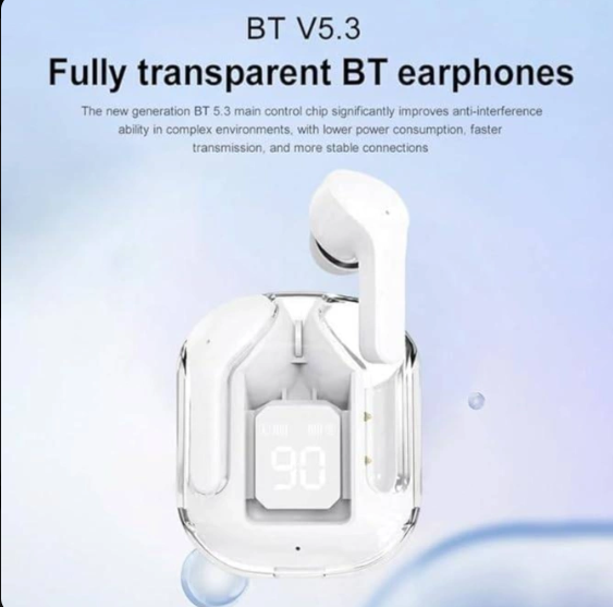 UltraPods Max TWS Earbuds Pro Bluetooth | Transparent Design | Fast Charging | 13mm HD Bass Drivers | Built-in Mic | Running, Outdoors, Music Sound (White)