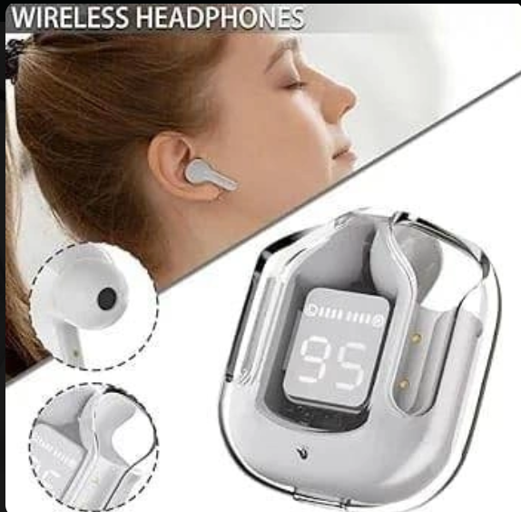 UltraPods Max TWS Earbuds Pro Bluetooth | Transparent Design | Fast Charging | 13mm HD Bass Drivers | Built-in Mic | Running, Outdoors, Music Sound (White)