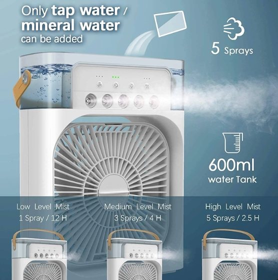 AC Cooler USB Rechargeable Air Cooler, 3 Speeds, 7 Colors LED Night Light, Portable Mini Air Conditioner Fan with Water Cooling, Humidifier, Purifier for Home, Office, Bedroom