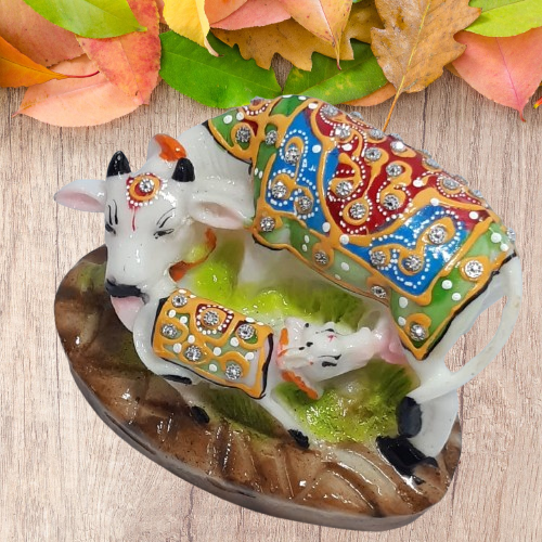 Handcrafted Marble Kamdhenu Cow Calf Decorative Showpiece