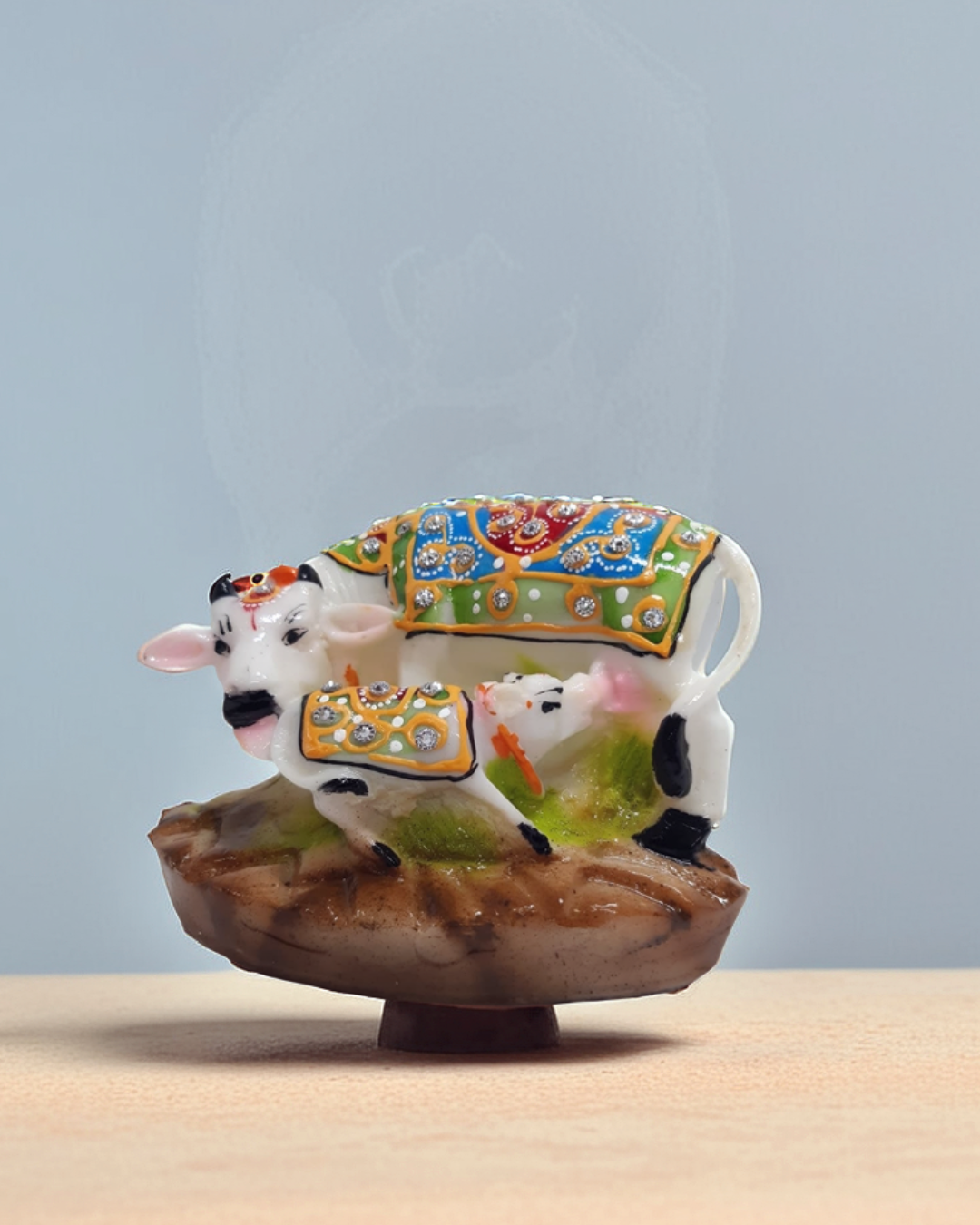 Handcrafted Marble Kamdhenu Cow Calf Decorative Showpiece