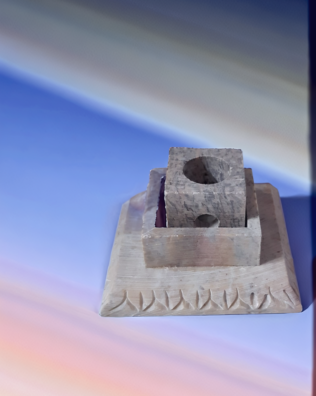 11 Inch Soapstone Marble Candle Stand with Leaf Carving