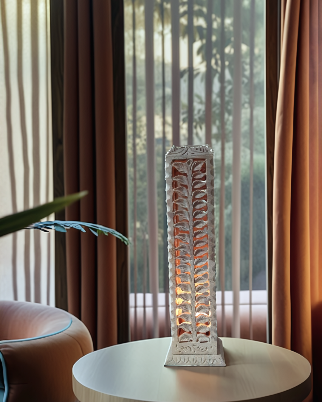 11 Inch Soapstone Marble Candle Stand with Leaf Carving