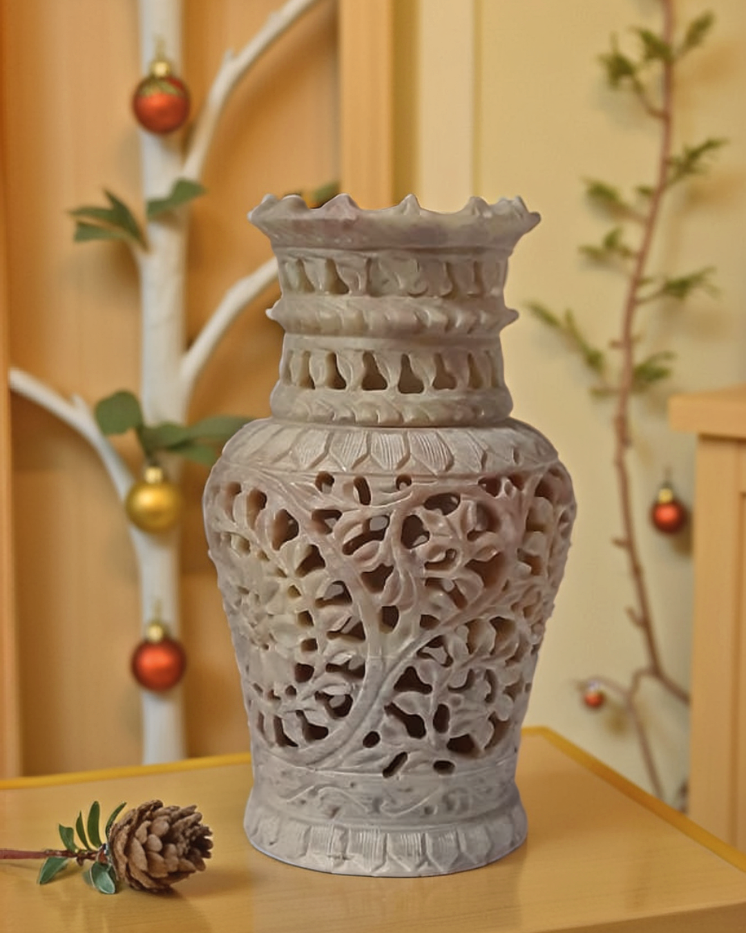 6" Soapstone Marble Flower Vase With Intricated Leaves And Flowers, Beautiful Gift And Homedecore Peice