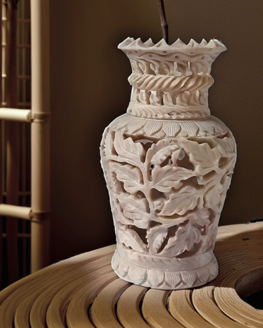 Soapstone Marble Flower Vase with Intricate Leaf Carving