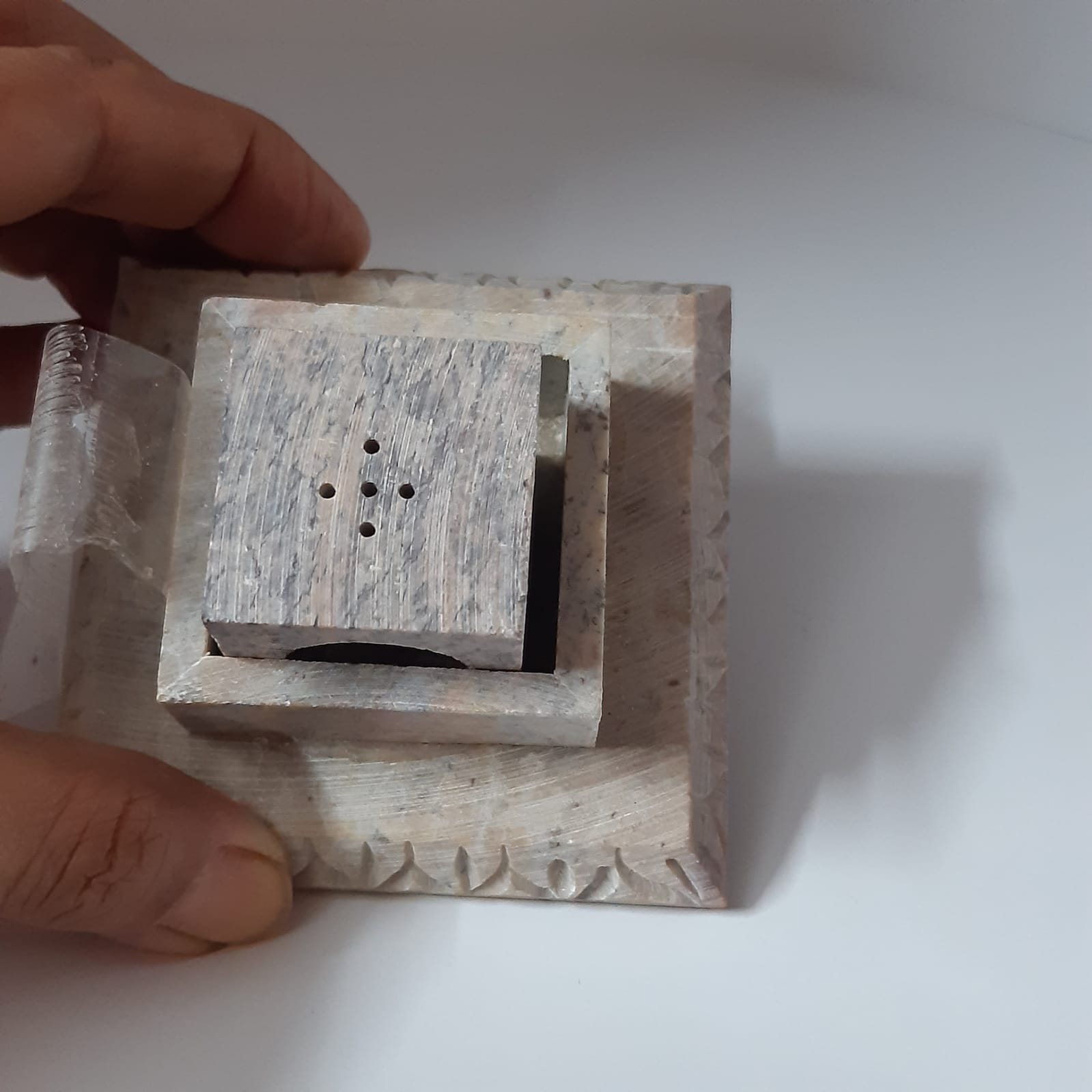 11 Inch Soapstone Marble Candle Stand with Leaf Carving