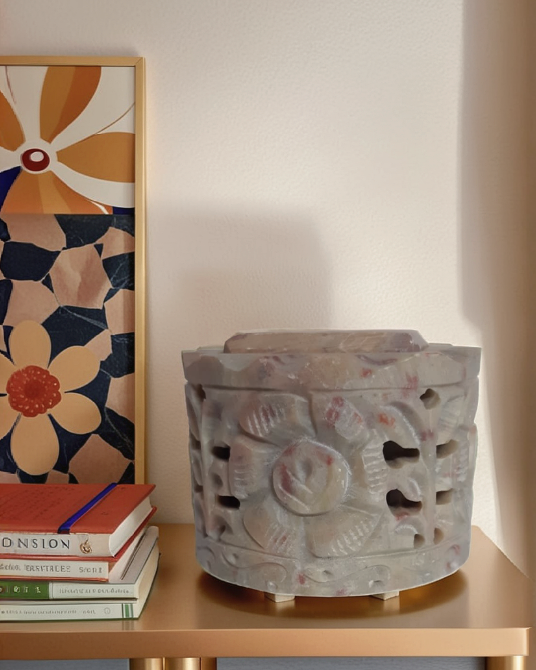 Floral Motif Soapstone Marble Candle Sta...