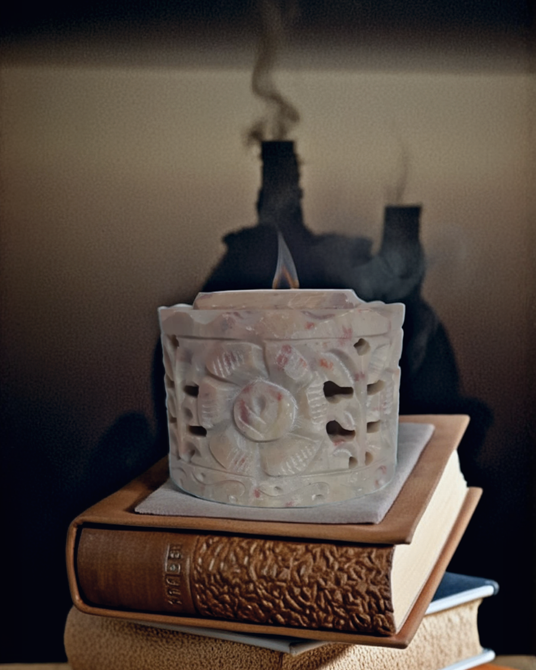 Floral Motif Soapstone Marble Candle Stand Tealight Holder