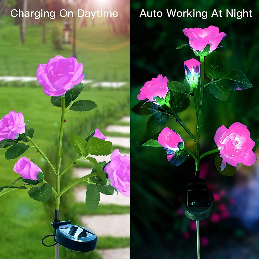 Solar Outdoor Rose LED Lights Waterproof Garden Decor Set of 2