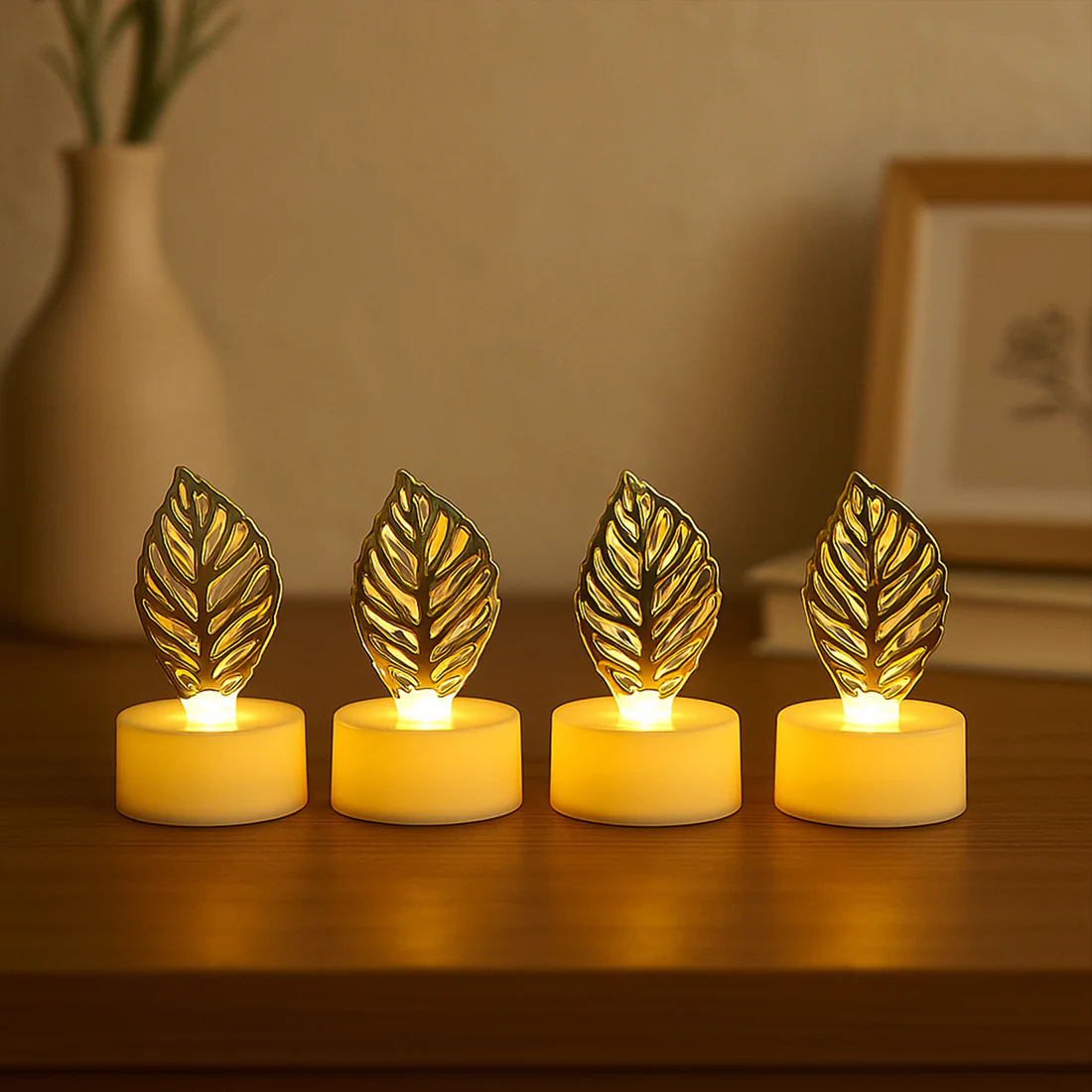 Golden Leaf Shape Flameless LED Candles Set of 4