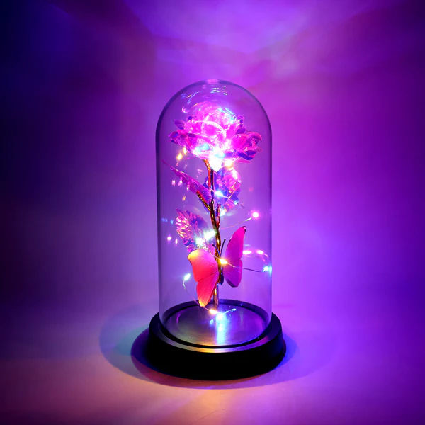 LED Decorative Rose with Butterfly in Plastic Dome
