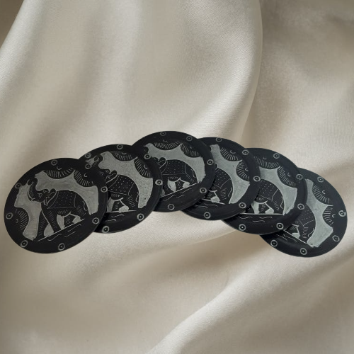 Black Round Elephant Engraved Marble Coaster