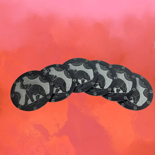 Black Round Elephant Engraved Marble Coaster