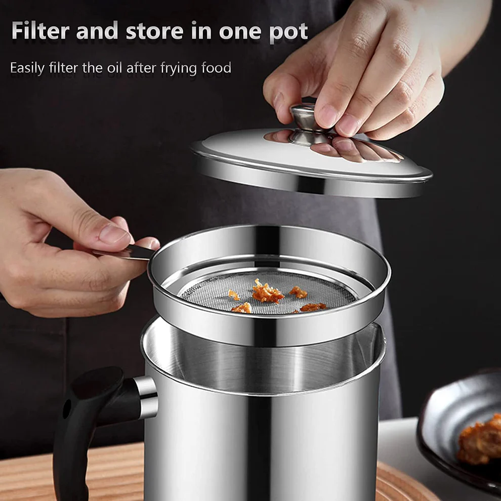 Stainless Steel Oil Strainer Pot with Lid Filter Mesh