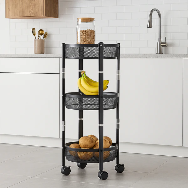 3 Layer Round Metal Storage Trolley with Wheels