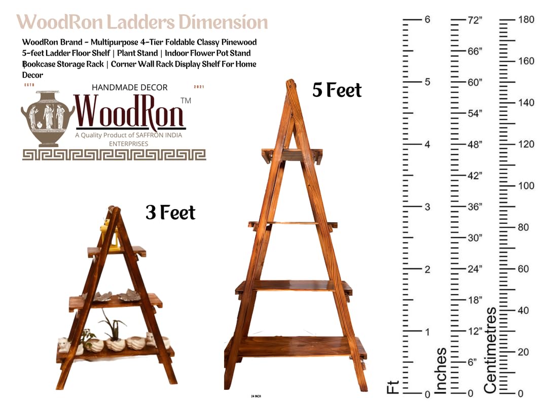 WoodRon Brand - Multipurpose 3-Tier Foldable Classy Pinewood 3-feet Ladder Shelf | Plant Stand | Indoor Flower Pot Stand | Bookcase Storage Rack | Display Shelf For Home Decor, Tiered Shelf