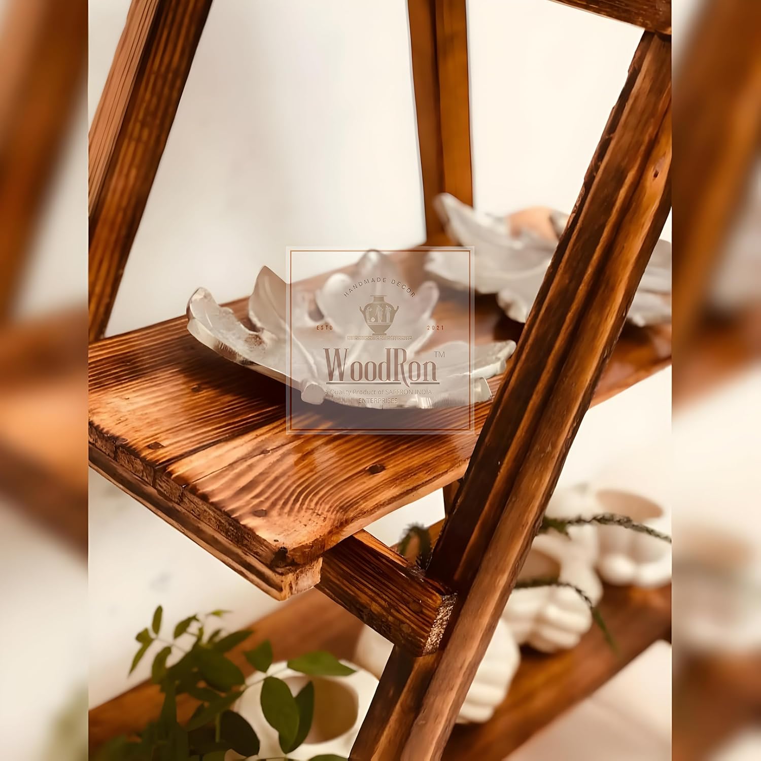 WoodRon Brand - Multipurpose 3-Tier Foldable Classy Pinewood 3-feet Ladder Shelf | Plant Stand | Indoor Flower Pot Stand | Bookcase Storage Rack | Display Shelf For Home Decor, Tiered Shelf