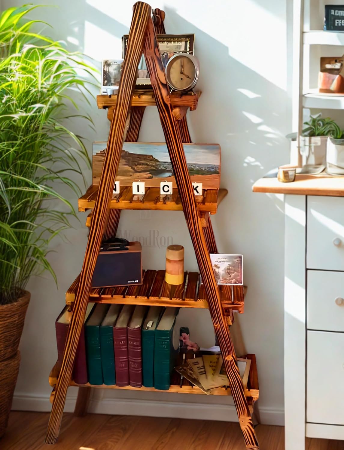 Premium 4 Tier Decor Ladder Shelf 5ft Pinewood Corner Shelf