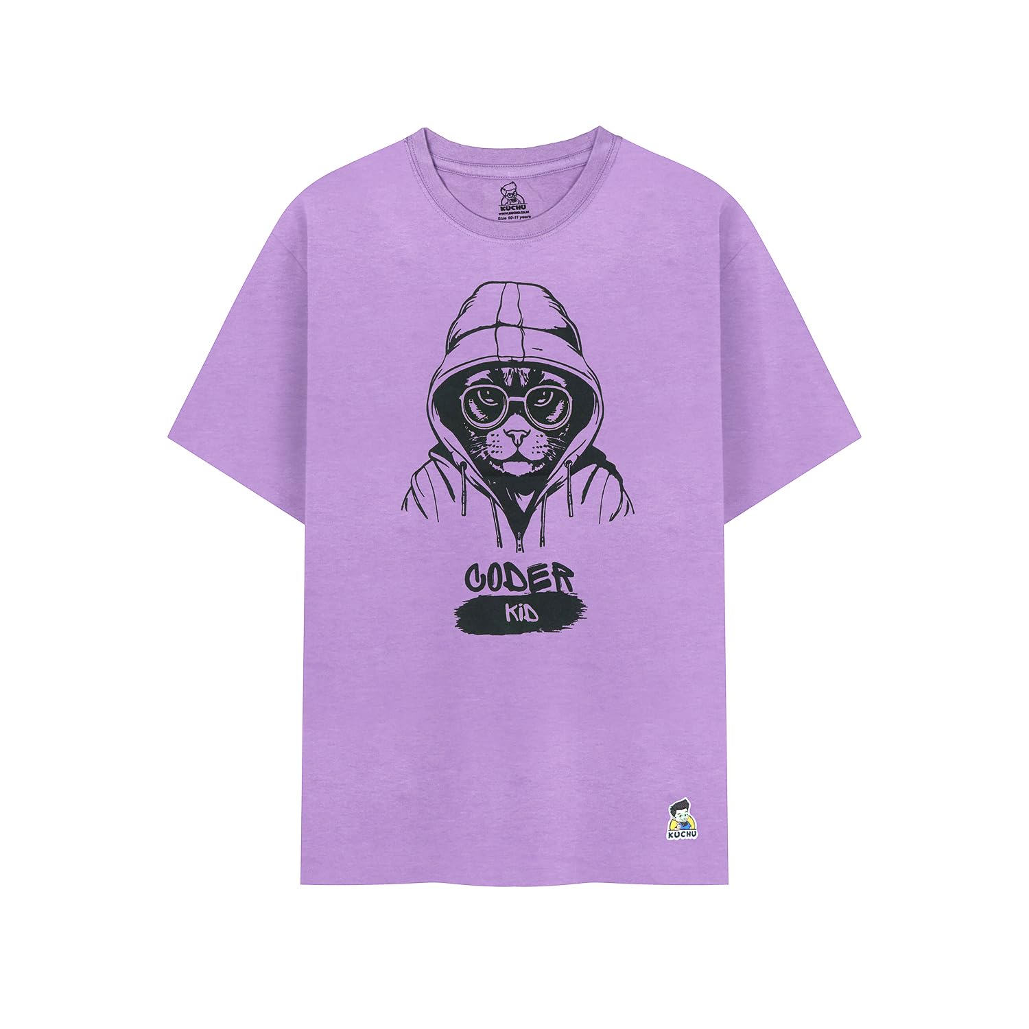 Kids’ Unisex T-Shirt  – Purple “Coder Cat” Cartoon Digital Print | Soft Cotton-Modal Blend, Breathable & Comfortable Everyday Wear, Stylish Graphic Tee for Boys & Girls