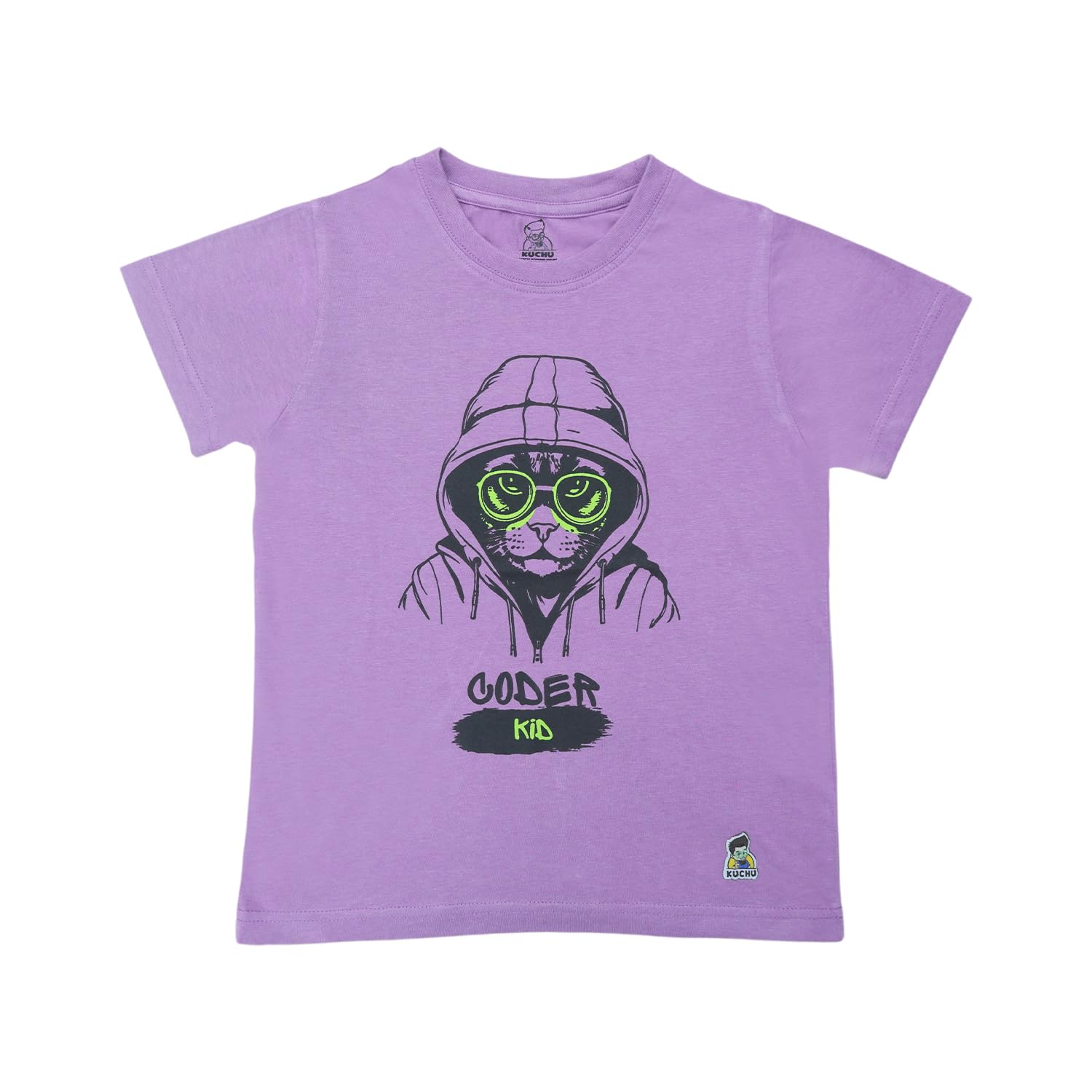 Kids’ Unisex T-Shirt  – Purple “Coder Cat” Cartoon Digital Print | Soft Cotton-Modal Blend, Breathable & Comfortable Everyday Wear, Stylish Graphic Tee for Boys & Girls