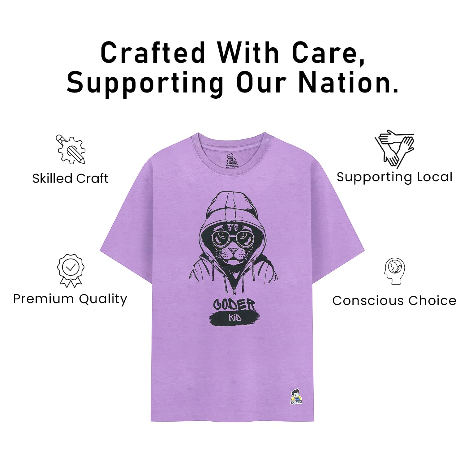 Kids’ Unisex T-Shirt  – Purple “Coder Cat” Cartoon Digital Print | Soft Cotton-Modal Blend, Breathable & Comfortable Everyday Wear, Stylish Graphic Tee for Boys & Girls