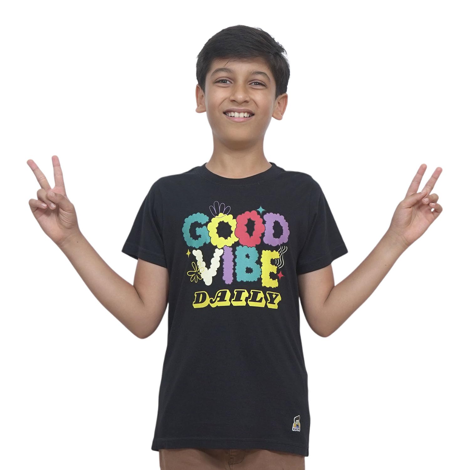 Kids’ Unisex T-Shirt for (Light Gray) “Good Vibes” Digital Print | Cotton-Modal Blend | Soft, Breathable, and Durable Casual Wear for Boys & Girls