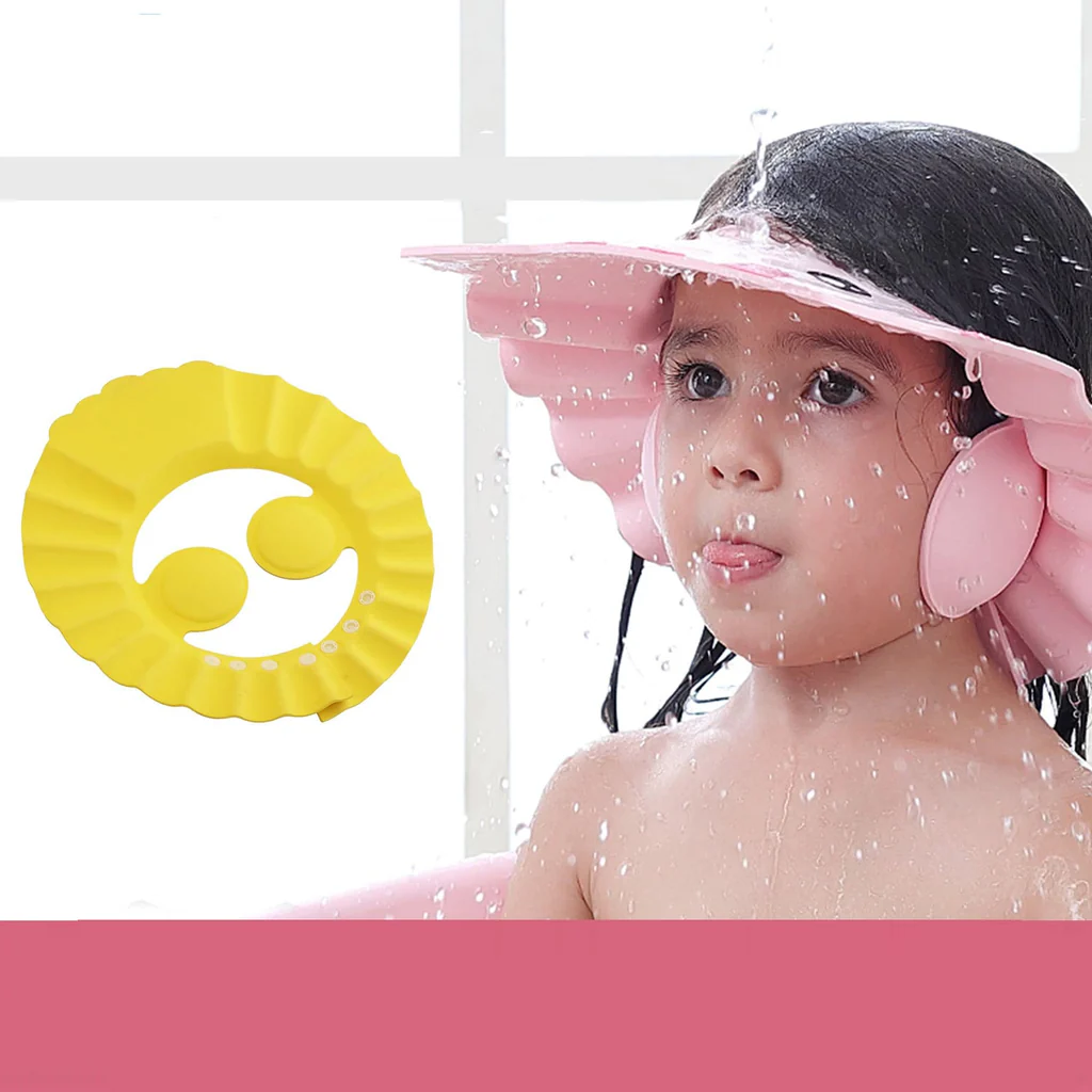 Soft adjustable baby shower cap protects eyes and ears safely