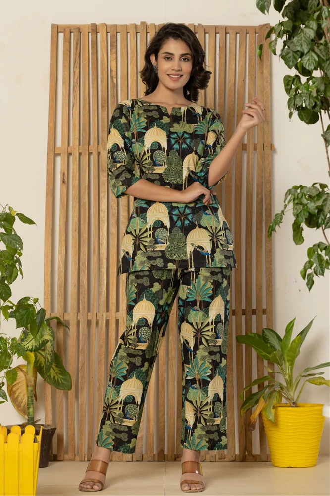 Black Jungle Print Night Suit