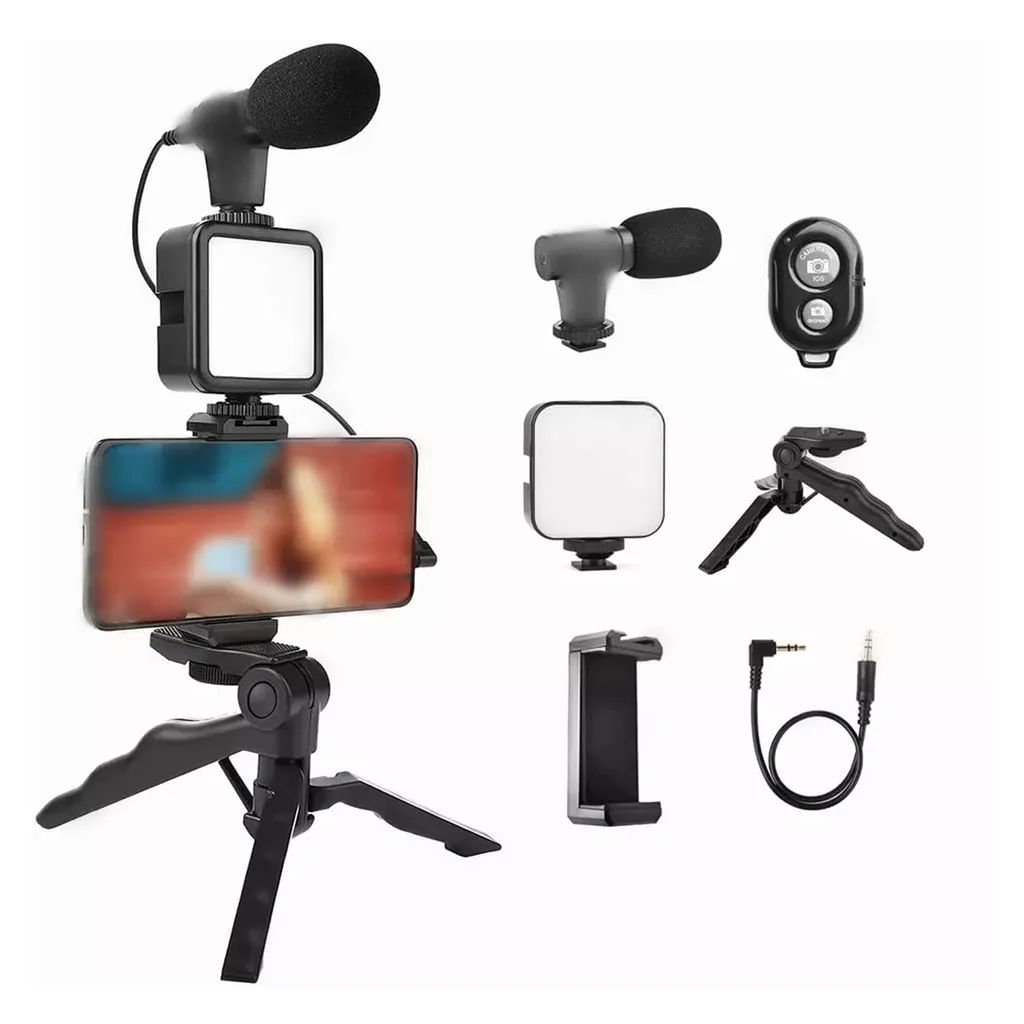 Vlogging Kit with Mic Mini Tripod LED Light Phone Holder