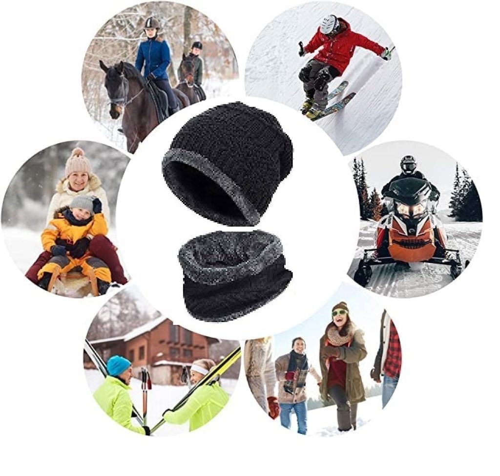 Winter Woolen Hat and Scarf Neck Scarf Warm Knit Hat Thick Fleece Lined Winter Hat & Scarf for Men Women