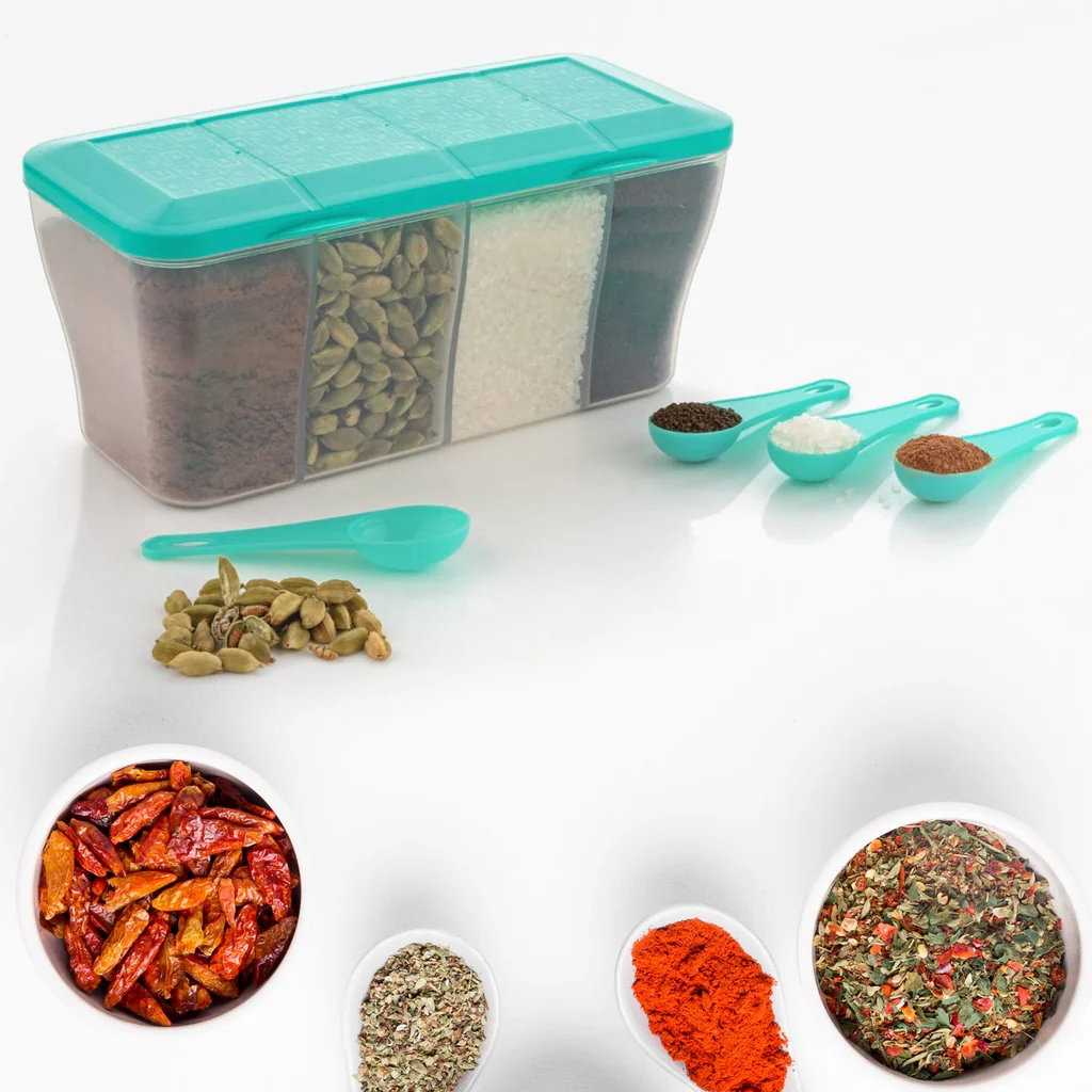 Kitchen Airtight 4-Section Storage Container / Pickle Jar with 4 Spoons