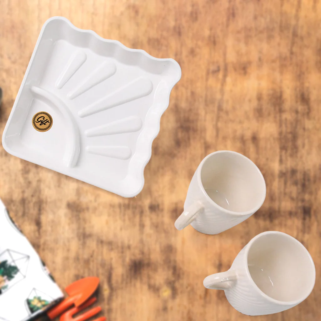 Cerntric Ceramic Tea Cup With Plastic Square Shape Serving Platter Milk Cup