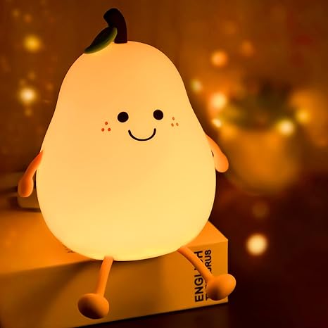 Night Light Pear Cute LED Nursery Nightlight Lamp, Tap Control Squishy Silicone, USB Rechargeable Bedside Lamp for Bedroom, Warm White & 7 Colors, Christmas Gift for Kids Girls Boys (Pear)