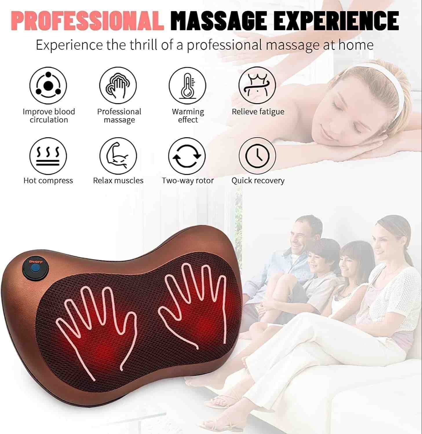 Back & Neck Massager with Heat | Deep Tissue Electric Massage Pillow for Pain Relief – Home, Car & Office Use
