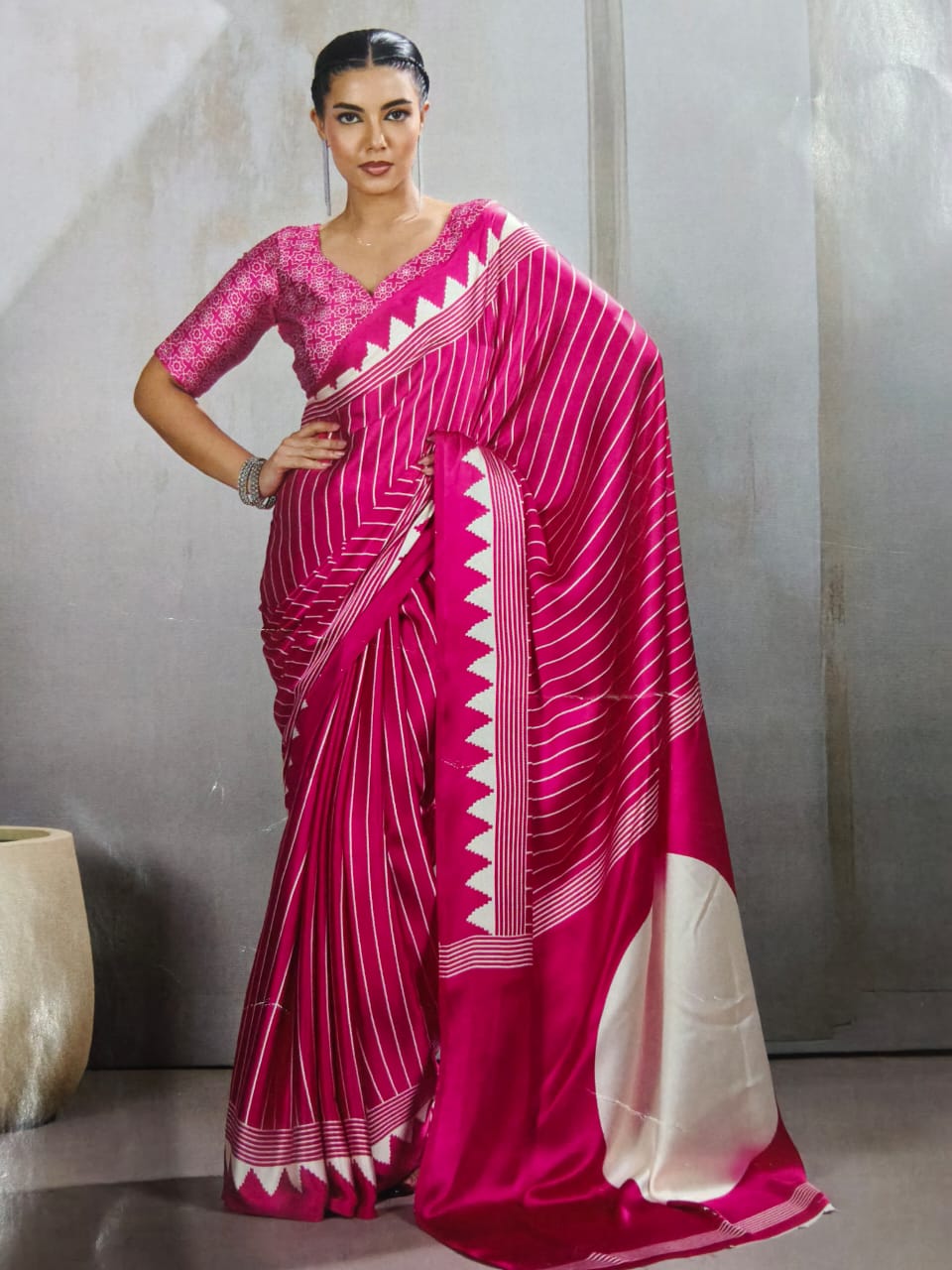 Pure Ajrakh Modal Silk Saree with BP | Handcrafted Pink & White Printed Saree with Designer Border