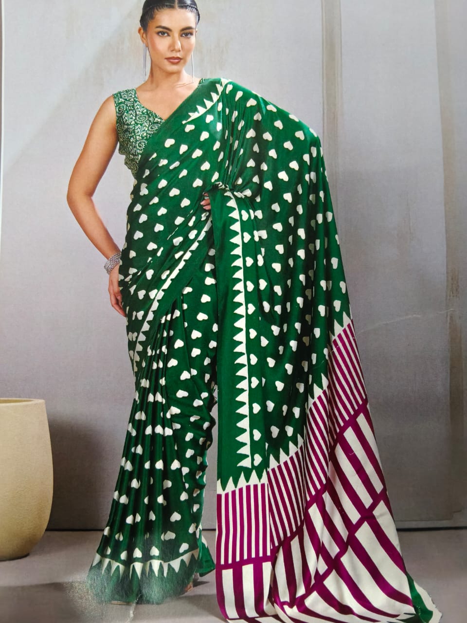 Pure Ajrakh Modal Silk Saree with BP | Handcrafted Green & White Printed Saree with Designer Border