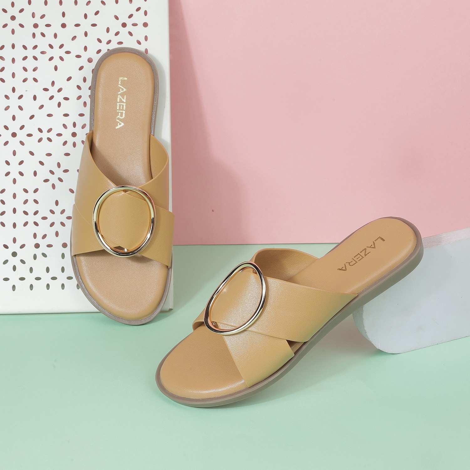 Women’s Soft Flat Sandals | Slip-On Mules with Broad Cross Strap & Gold Buckle