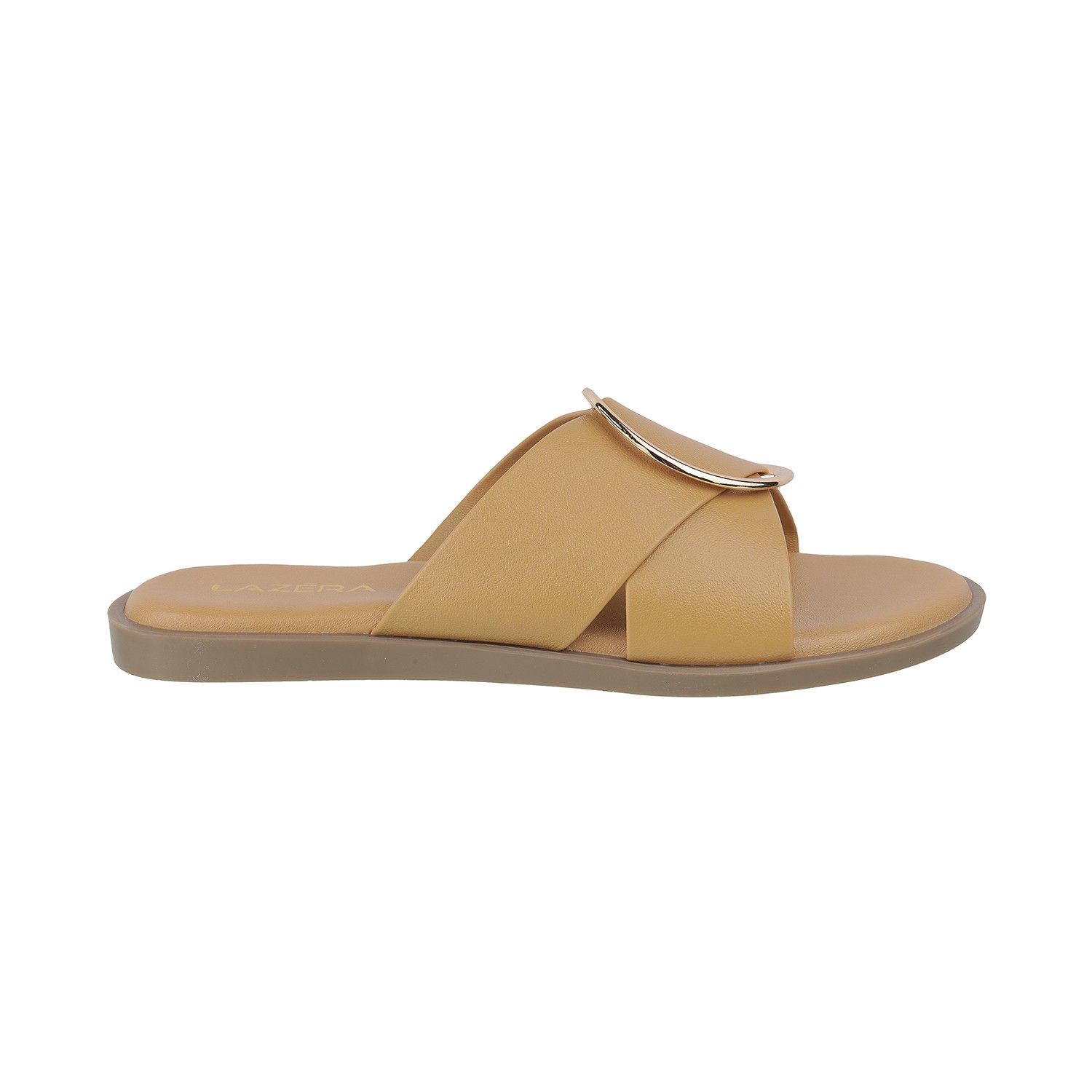 Women’s Soft Flat Sandals | Slip-On Mules with Broad Cross Strap & Gold Buckle