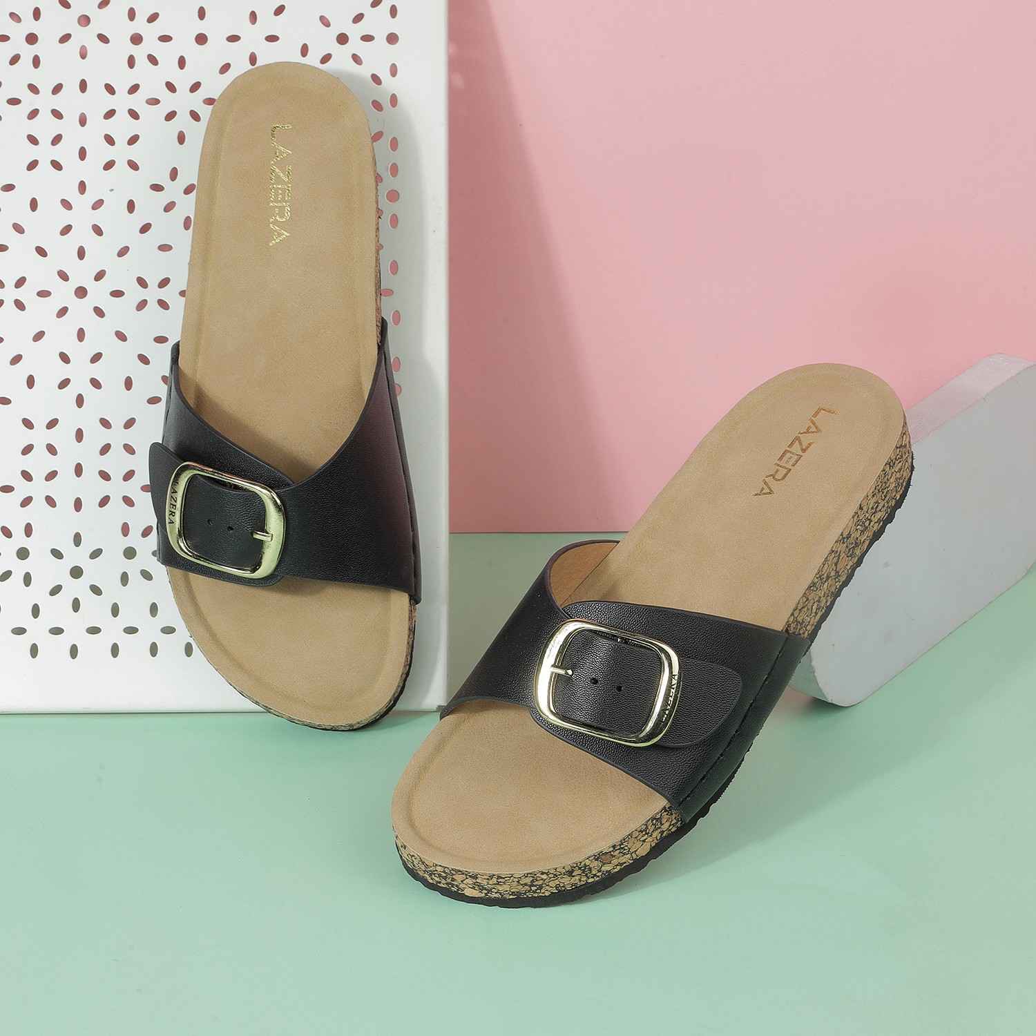 Women’s Comfort Cork Slides | Adjustable Slip-On Sandals with Gold Buckle Accent