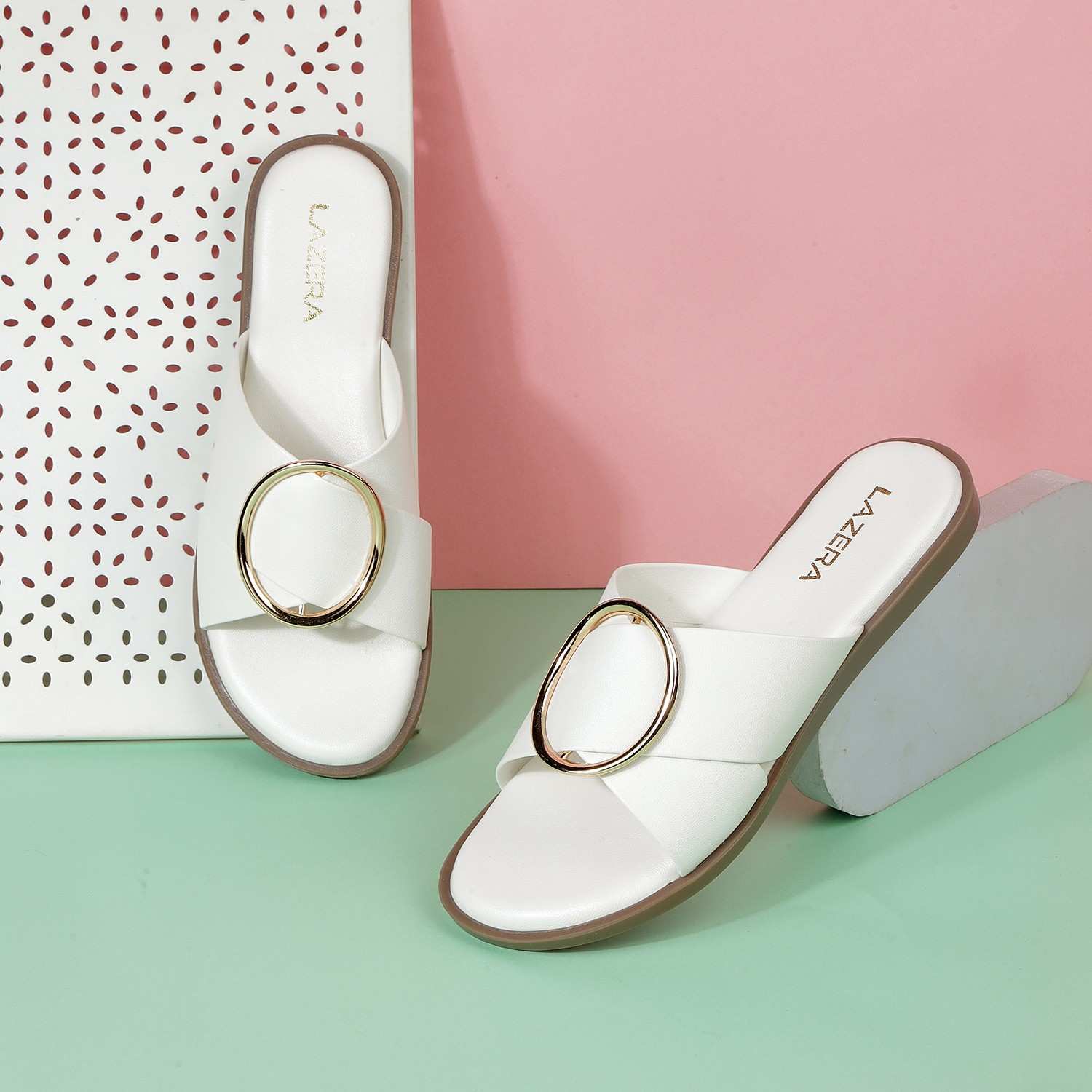 Women’s Soft Flat Sandals | Slip-On Mules with Broad Cross Strap & Gold Buckle