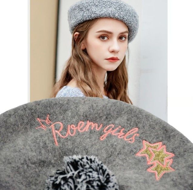 Woolen Beret Cap with Pom-Pom for Women