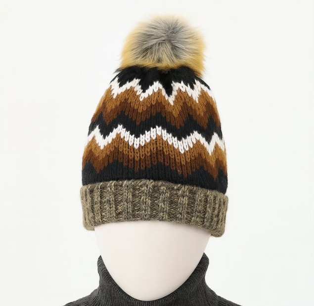 Winter Knitted Beanie with Faux Fur Pom-Pom