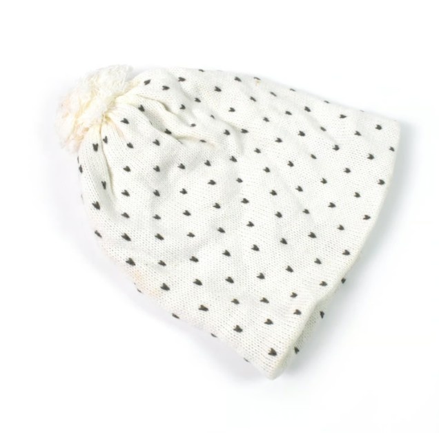 Heart Print Knit Beanie with Pom-Pom