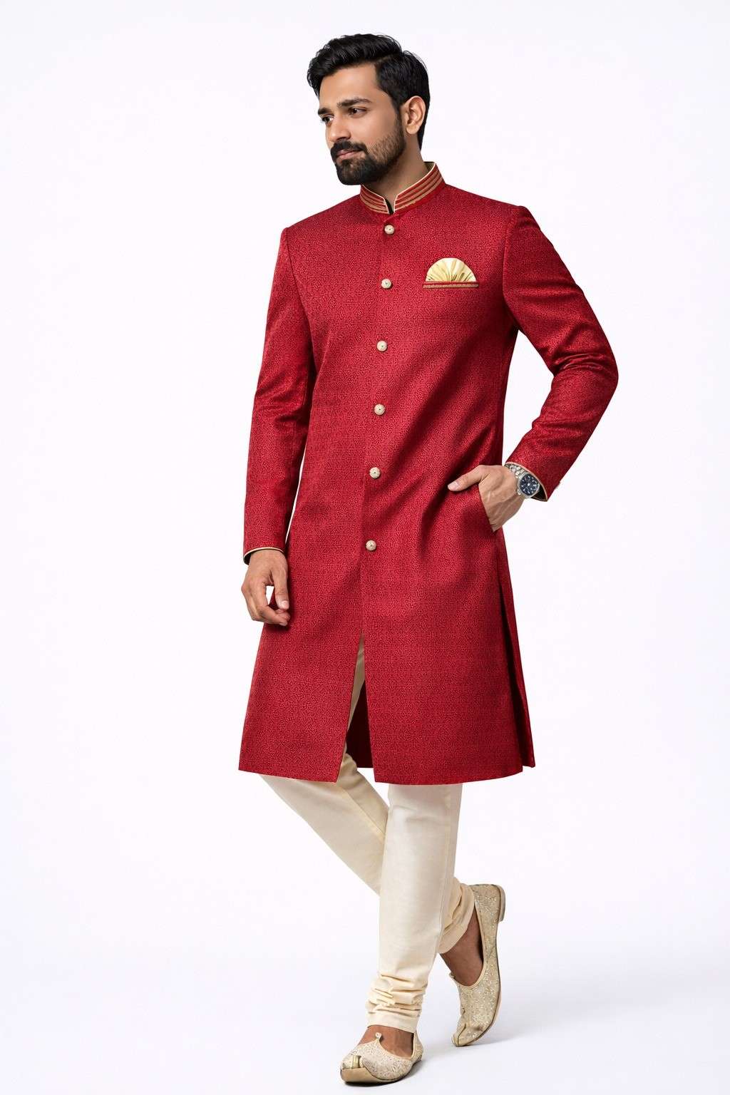 Men’s Indo-Western Sherwani in Premium Jacquard Silk – Designer Ethnic Wear