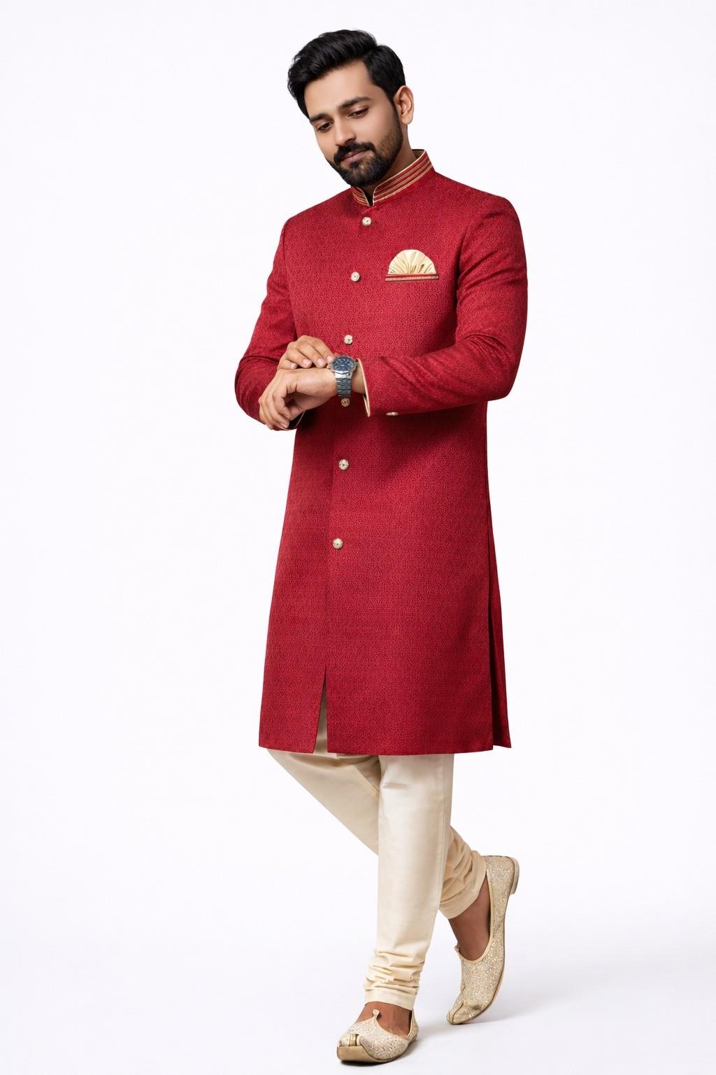 Men’s Indo-Western Sherwani in Premium Jacquard Silk – Designer Ethnic Wear